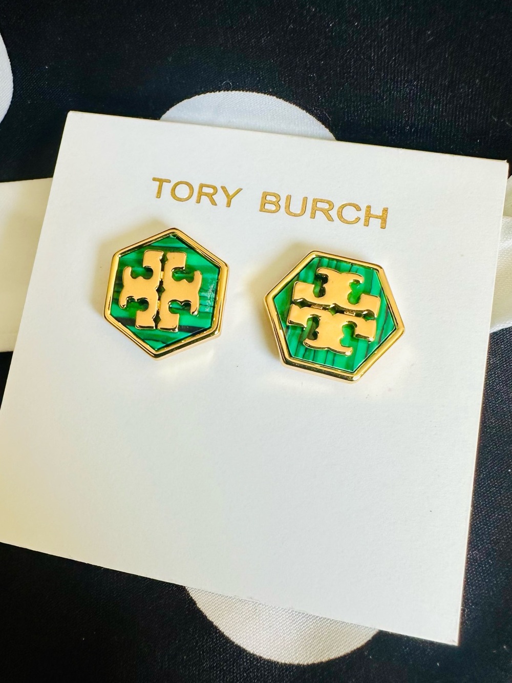 NWT Tory Burch Gold-Tone Hexagon Studs with Green Enamel